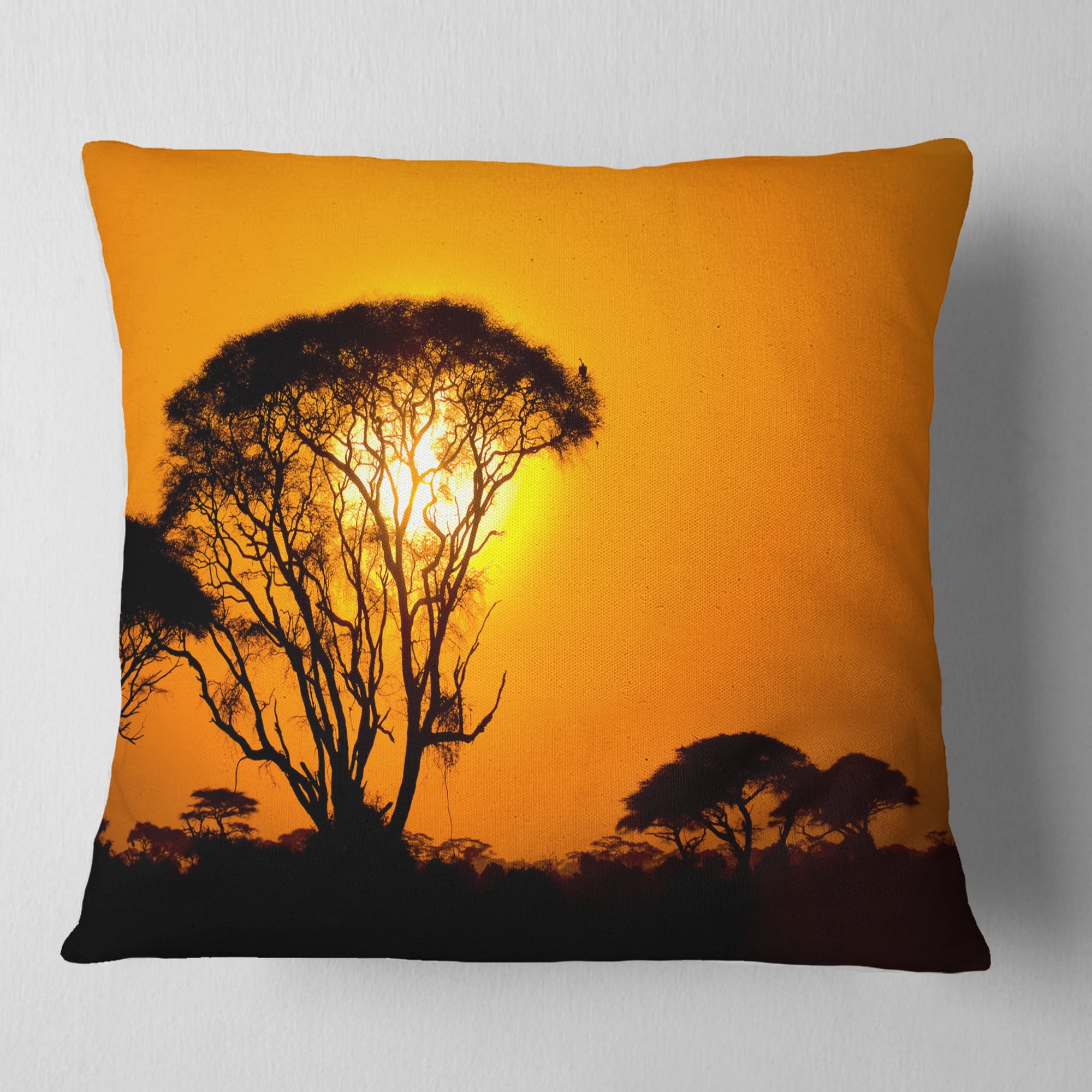 Designart Beautiful African Sunset in Savannah - African Landscape Printed Throw Pillow - 18x18