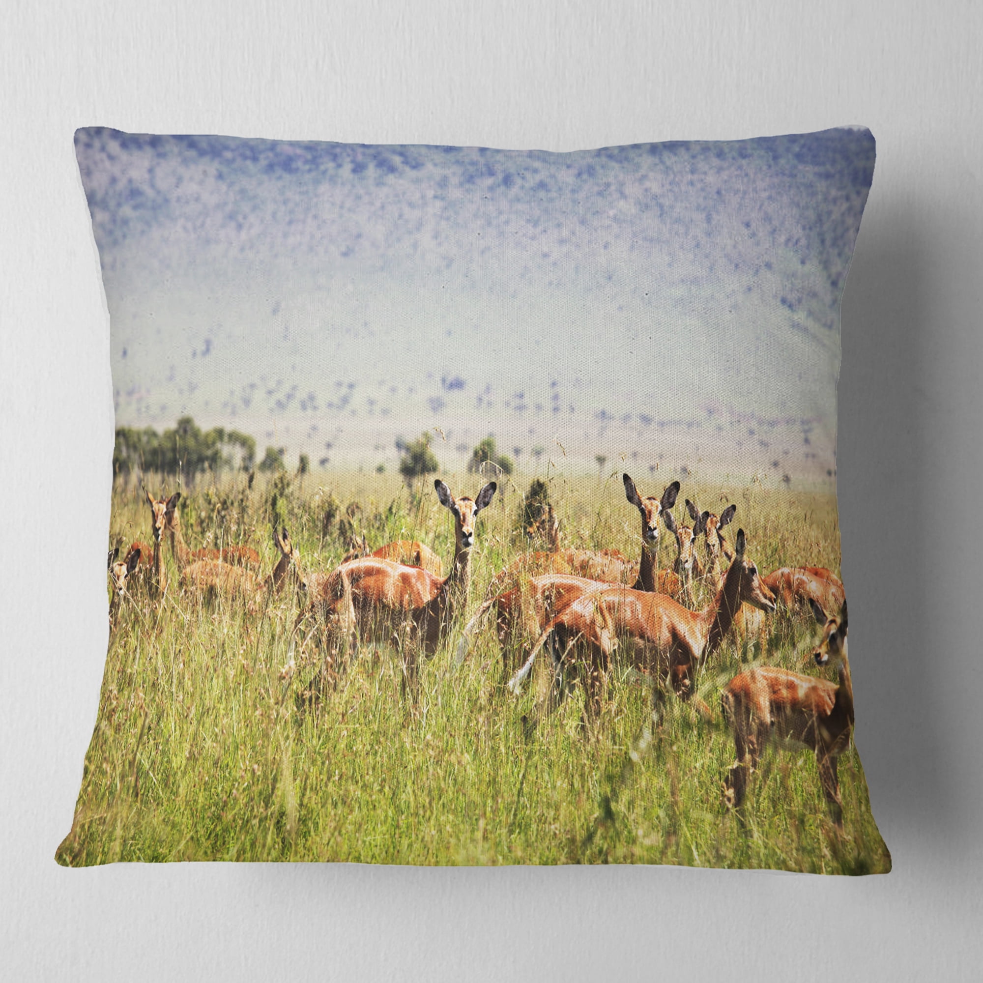 Designart Beautiful Antelope in Grass - African Landscape Printed Throw Pillow - 16x16