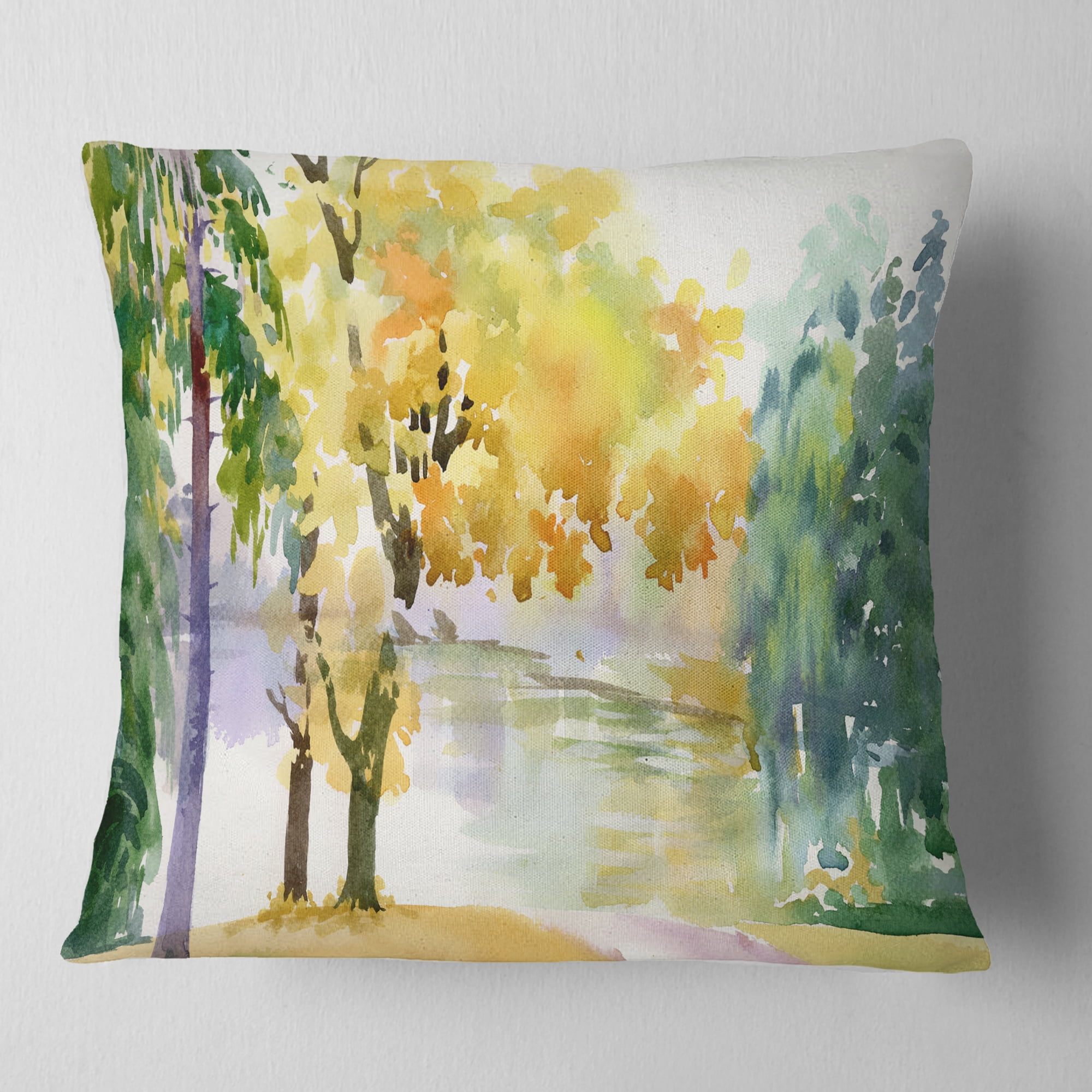 Designart Beautiful Autumn Forest Watercolor - Landscape Printed Throw Pillow - 16x16