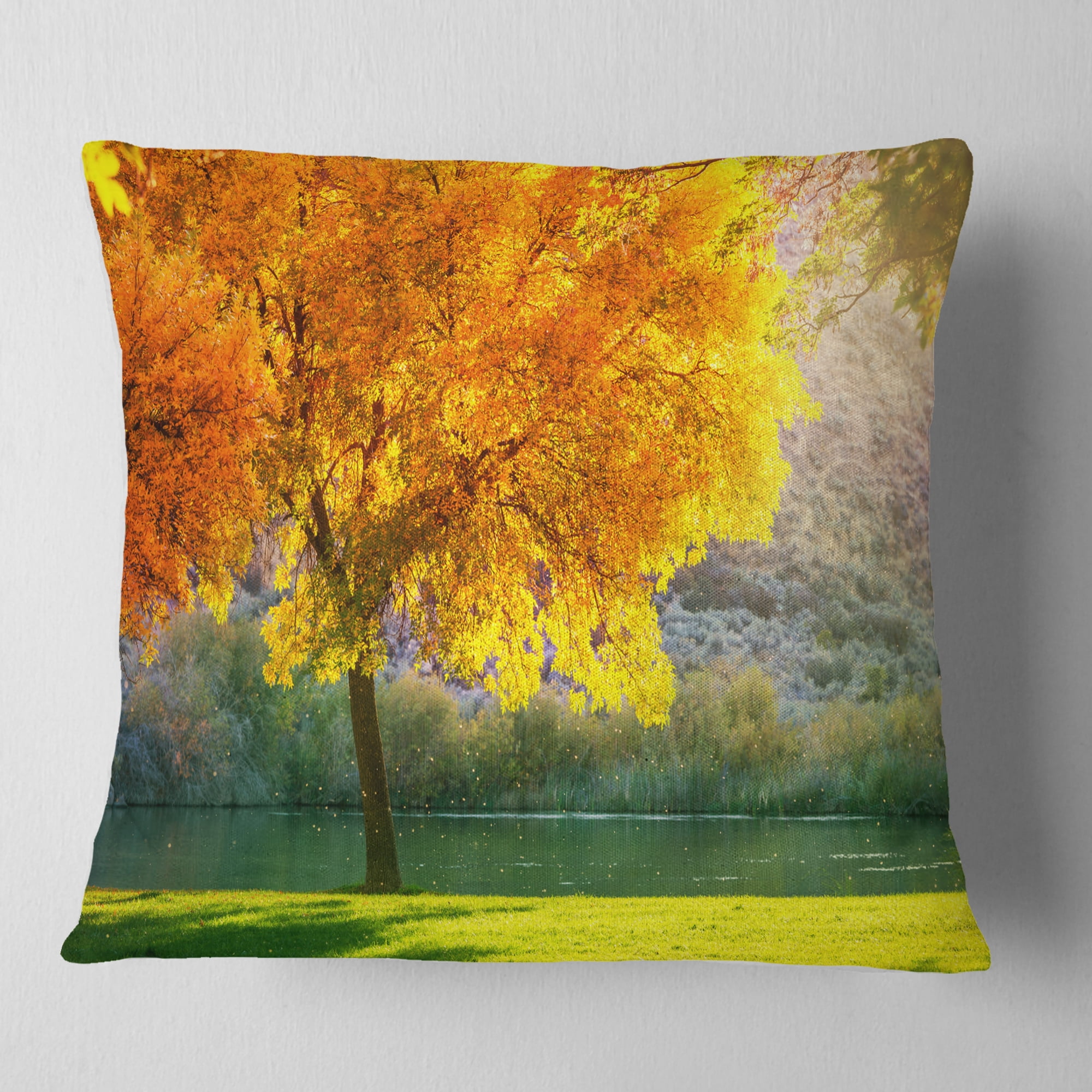 Designart Beautiful Autumn Season in Forest - Landscape Printed Throw Pillow - 18x18