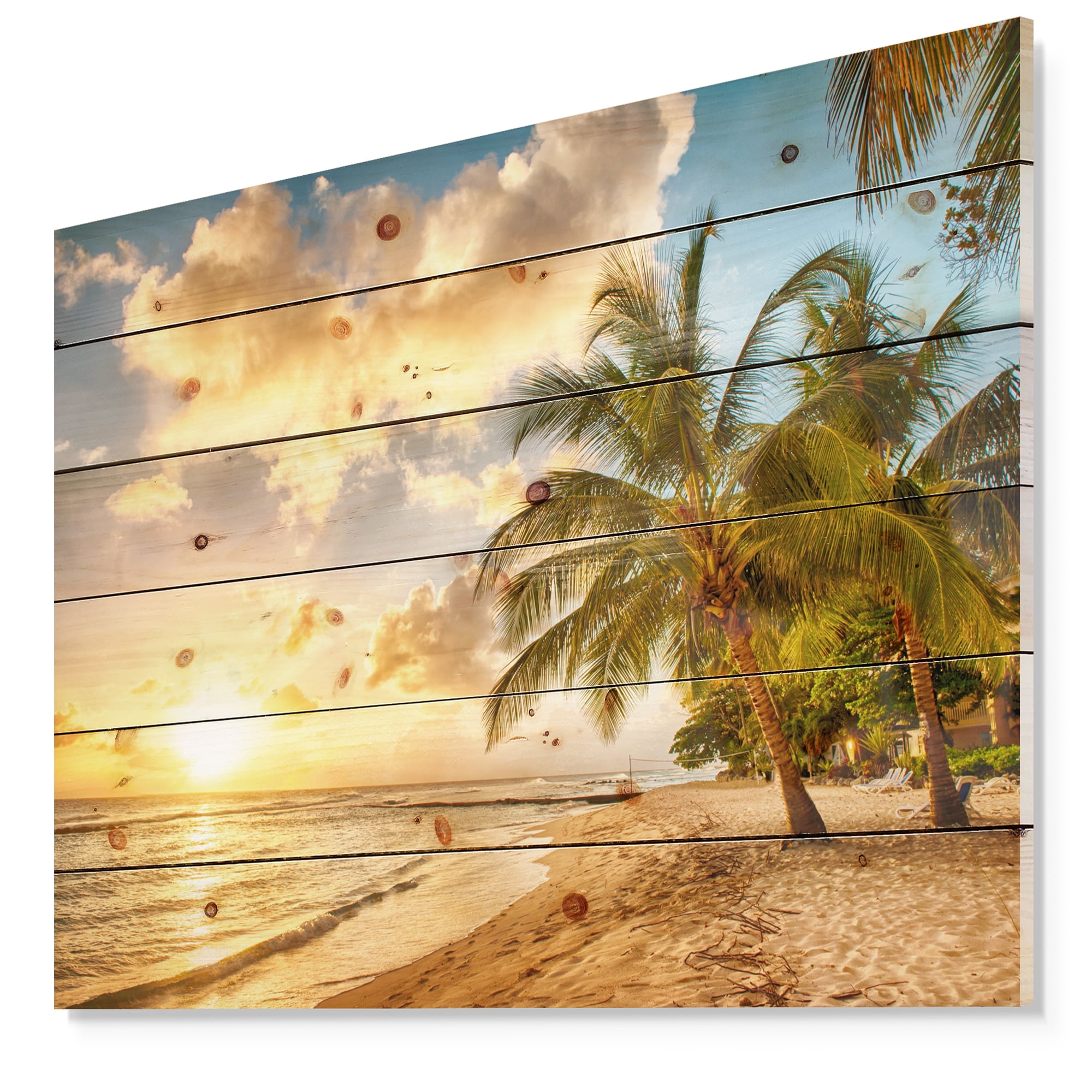 Designart 'Beautiful Beach of Island Barbados ' Modern Seascape Print on Natural Pine Wood