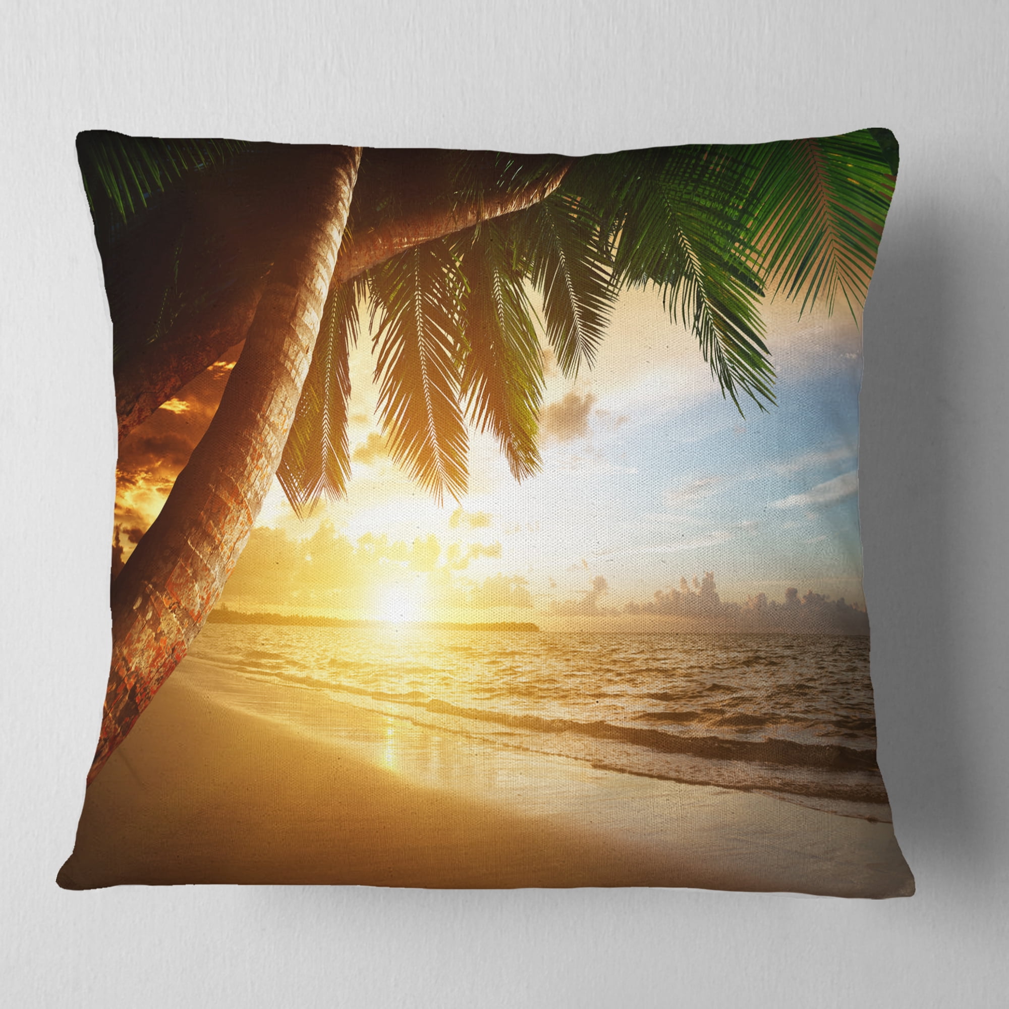 Designart Beautiful Beach under Palms - Modern Seashore Throw Pillow - 18x18