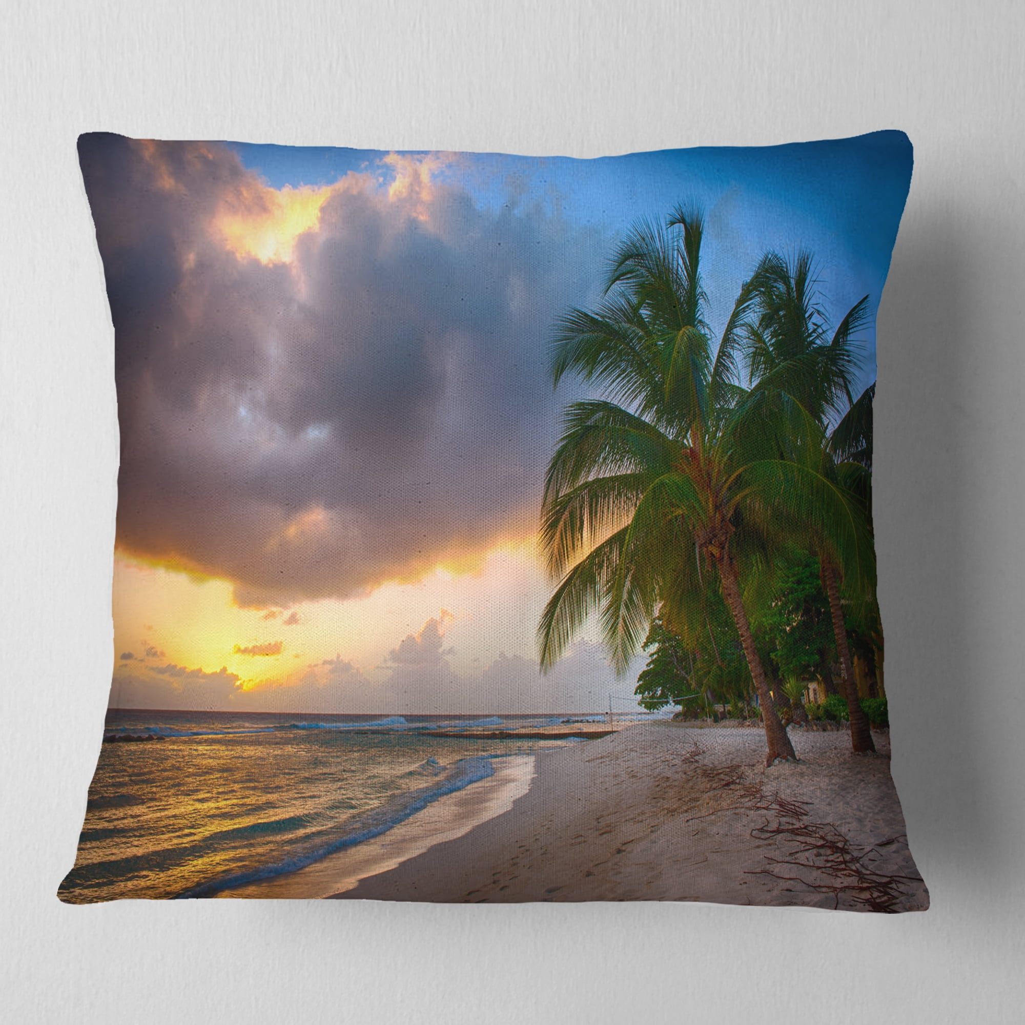 Designart Beautiful Beach with Palms in Barbados - Modern Seascape Throw Pillow - 18x18