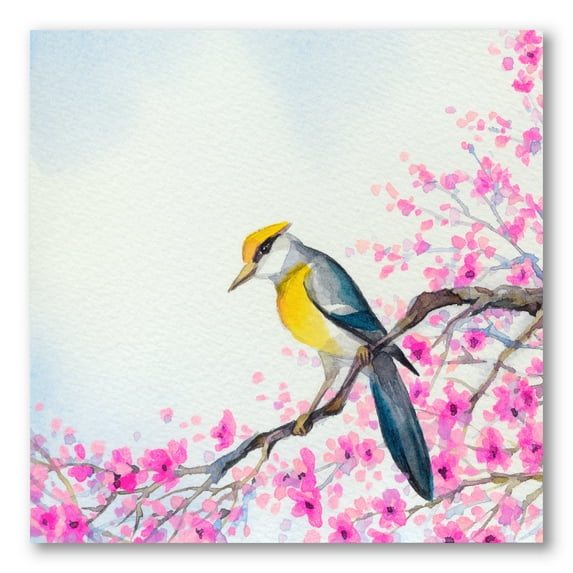 Designart ' Beautiful Bird Sitting On Flowering Branch ' Traditional Canvas Wall Art Print