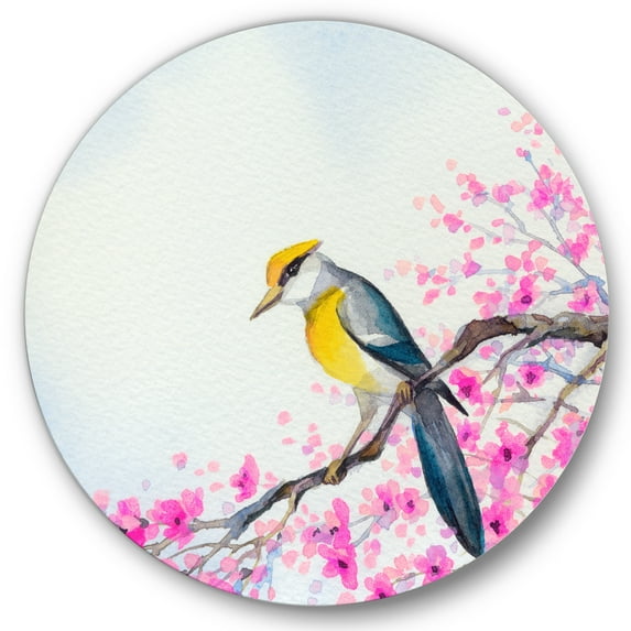 Designart 'Beautiful Bird Sitting On Flowering Branch' Traditional Circle Metal Wall Art 29x29 - Disc of 29