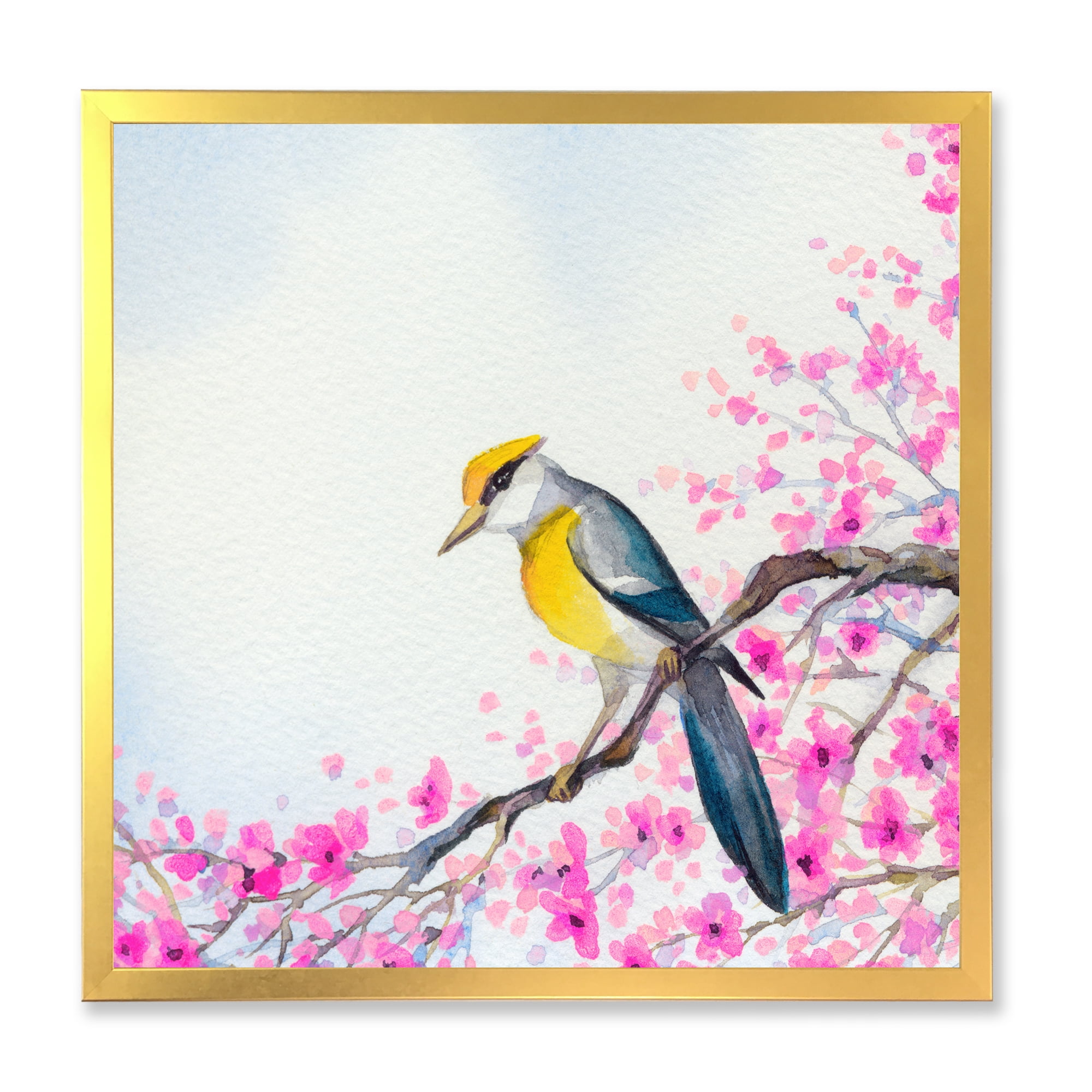 Designart 'Beautiful Bird Sitting On Flowering Branch' Traditional Framed Art Print