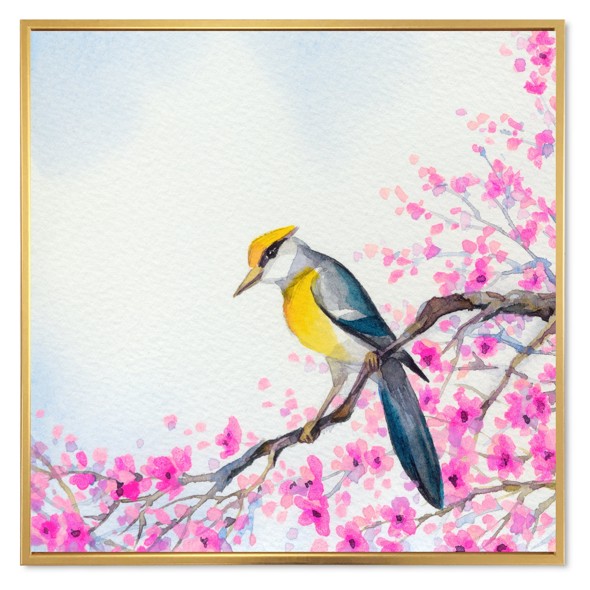 Designart 'Beautiful Bird Sitting On Flowering Branch' Traditional Framed Canvas Wall Art Print
