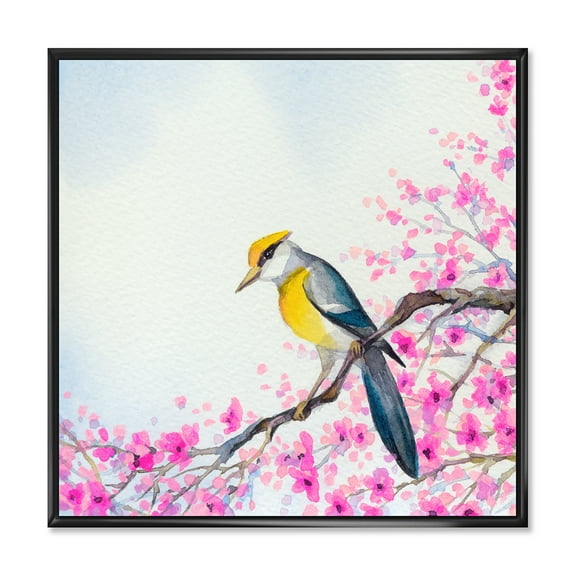 Designart 'Beautiful Bird Sitting On Flowering Branch' Traditional Framed Canvas Wall Art Print
