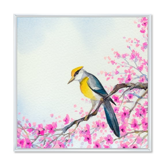 Designart 'Beautiful Bird Sitting On Flowering Branch' Traditional Framed Canvas Wall Art Print