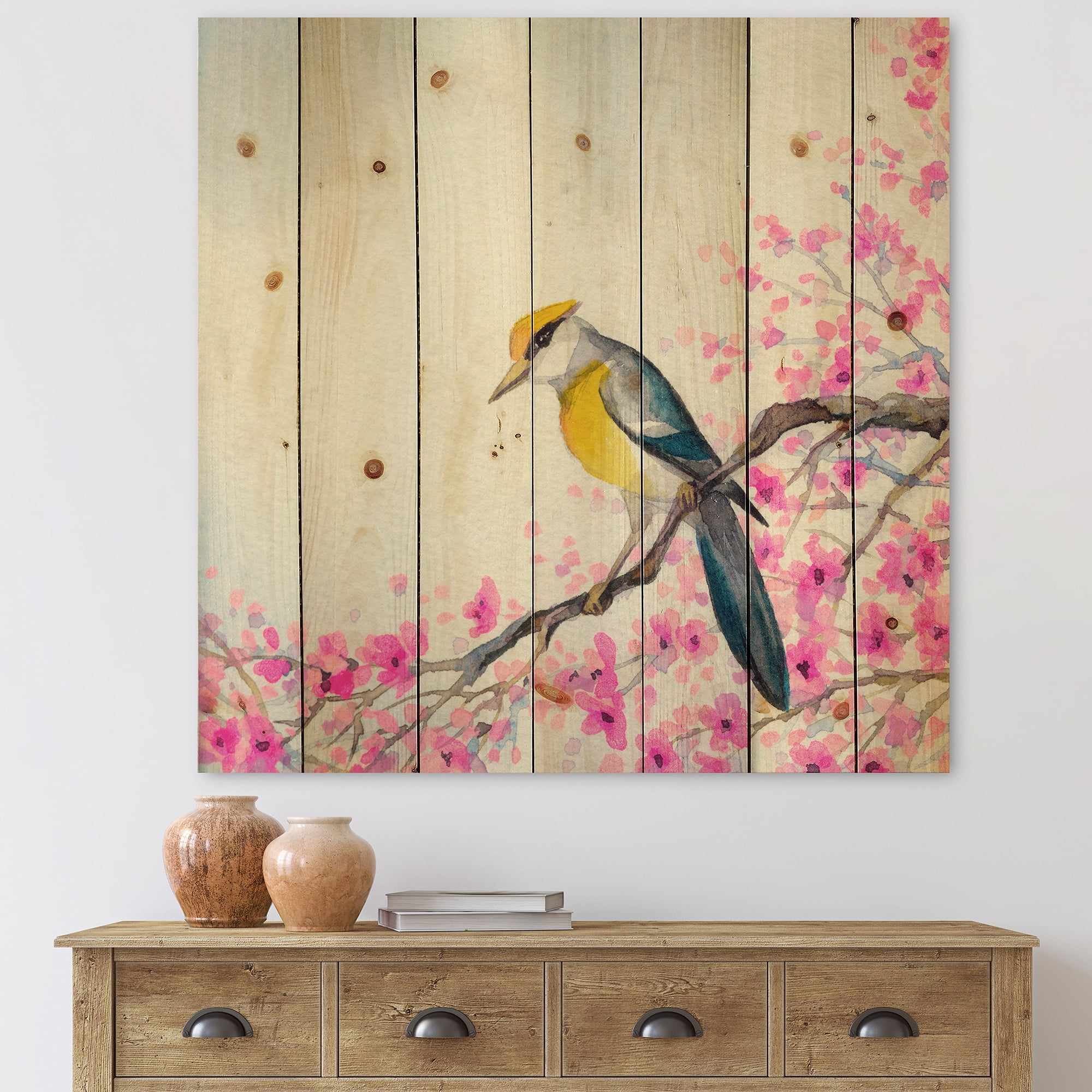 Designart 'Beautiful Bird Sitting On Flowering Branch' Traditional Print on Natural Pine Wood