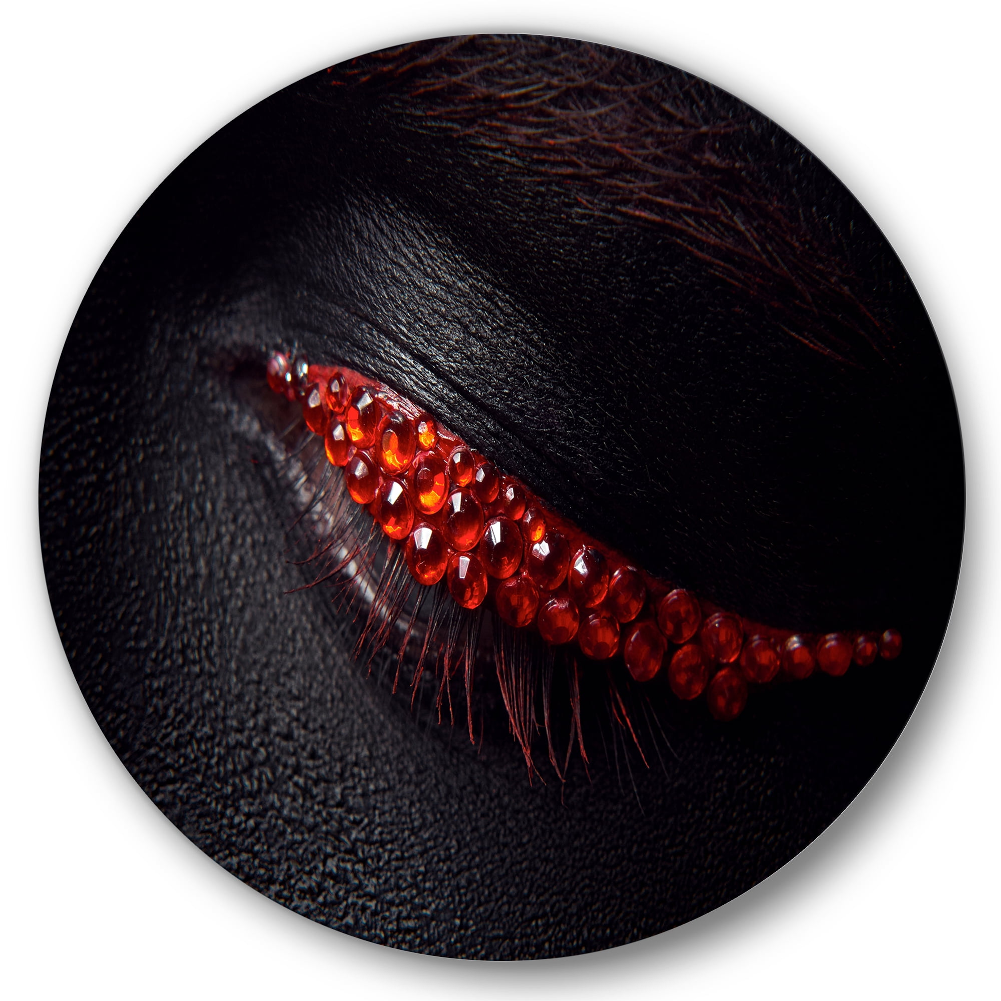 Designart 'Beautiful Black Skin Female Eye With Red Diamonds' Modern Circle Metal Wall Art 29x29 - Disc of 29