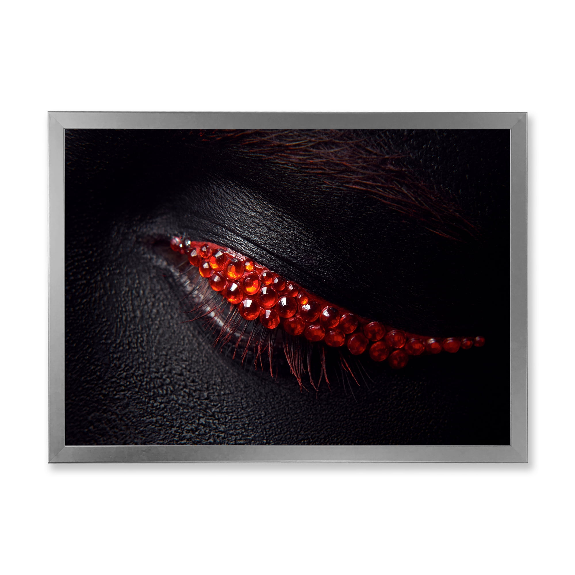 Designart 'Beautiful Black Skin Female Eye With Red Diamonds' Modern Framed Art Print