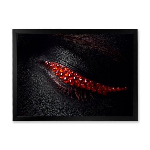 Designart 'Beautiful Black Skin Female Eye With Red Diamonds' Modern Framed Art Print
