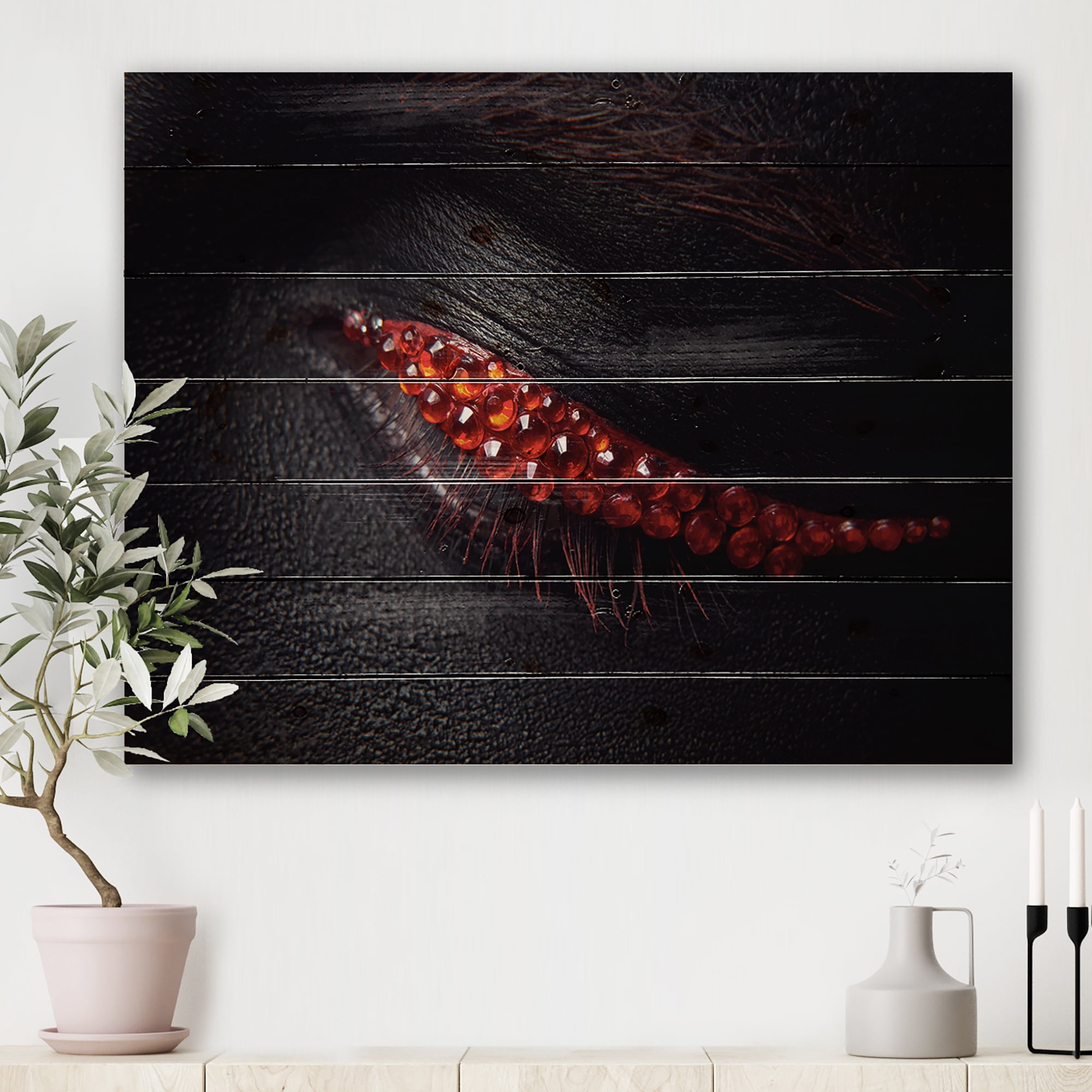 Designart 'Beautiful Black Skin Female Eye With Red Diamonds' Modern Print on Natural Pine Wood