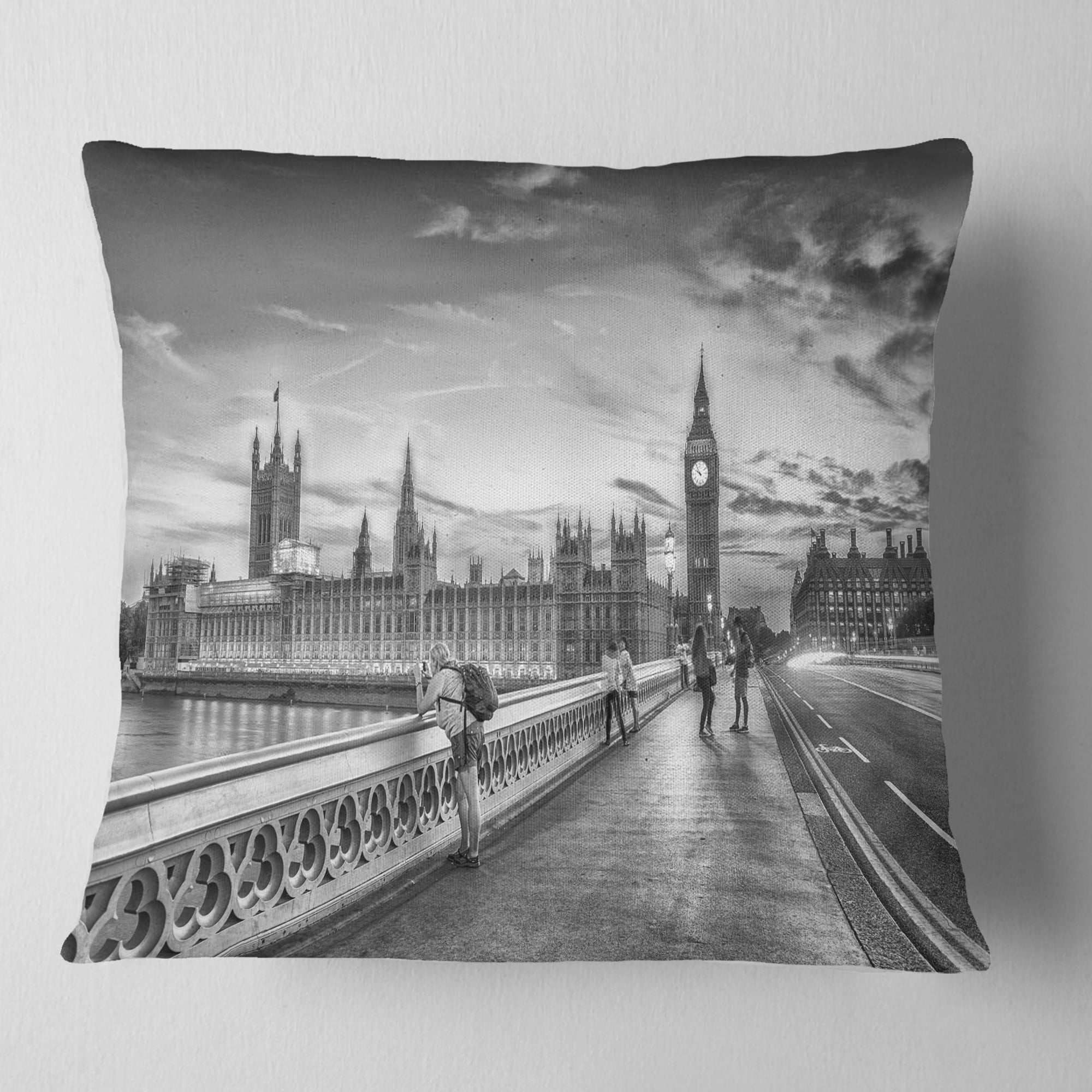Designart Beautiful Black and White London View - Cityscape Throw Pillow - 18x18