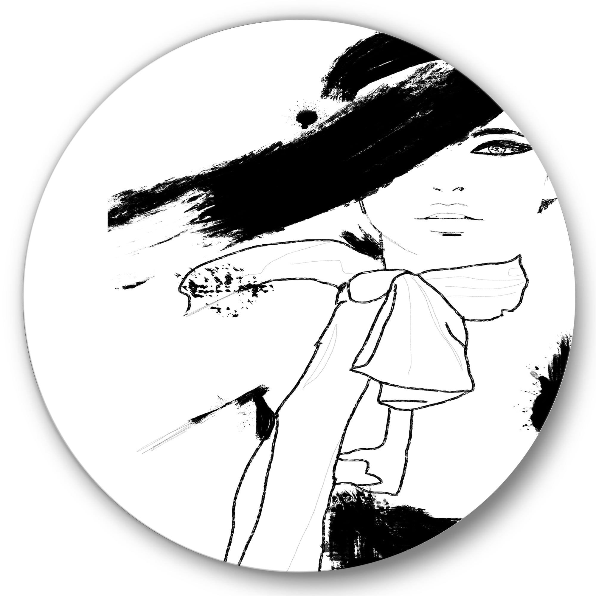 Designart 'Beautiful Black and White Model Haute Couture Fashion Woman I' Modern Circle Metal Wall Art 23x23 - Disc of 23