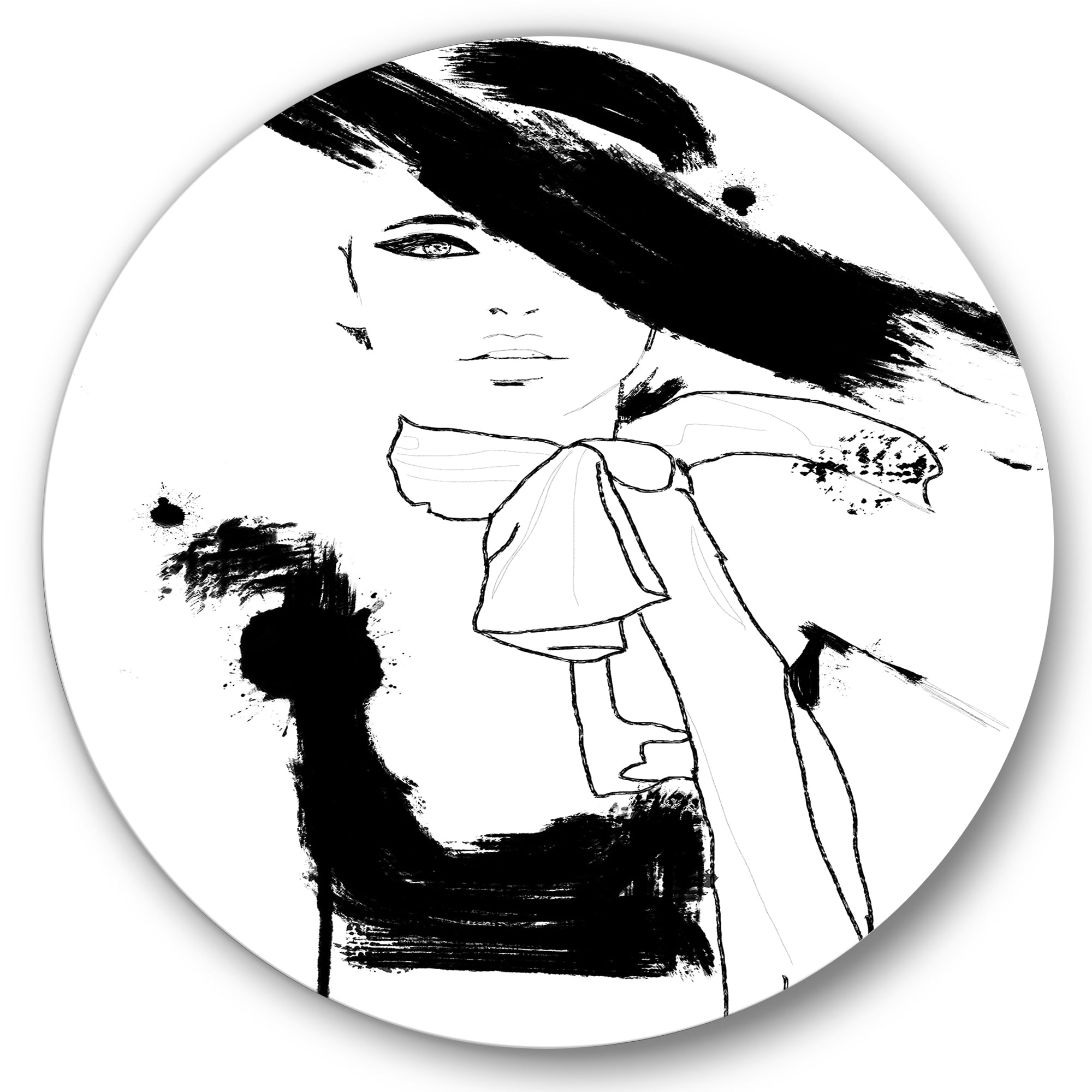 Designart 'Beautiful Black and White Model Haute Couture Fashion Woman II' Modern Circle Metal Wall Art 23x23 - Disc of 23