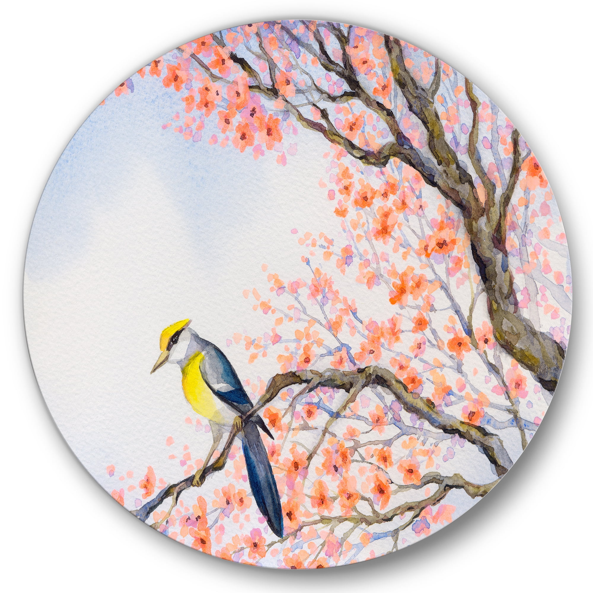 Designart 'Beautiful Blue Bird Sitting On Flowering Branch I' Traditional Circle Metal Wall Art 11x11 - Disc of 11