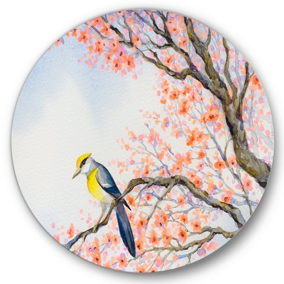 Designart 'Beautiful Blue Bird Sitting On Flowering Branch I' Traditional Circle Metal Wall Art 36x36 - Disc of 36