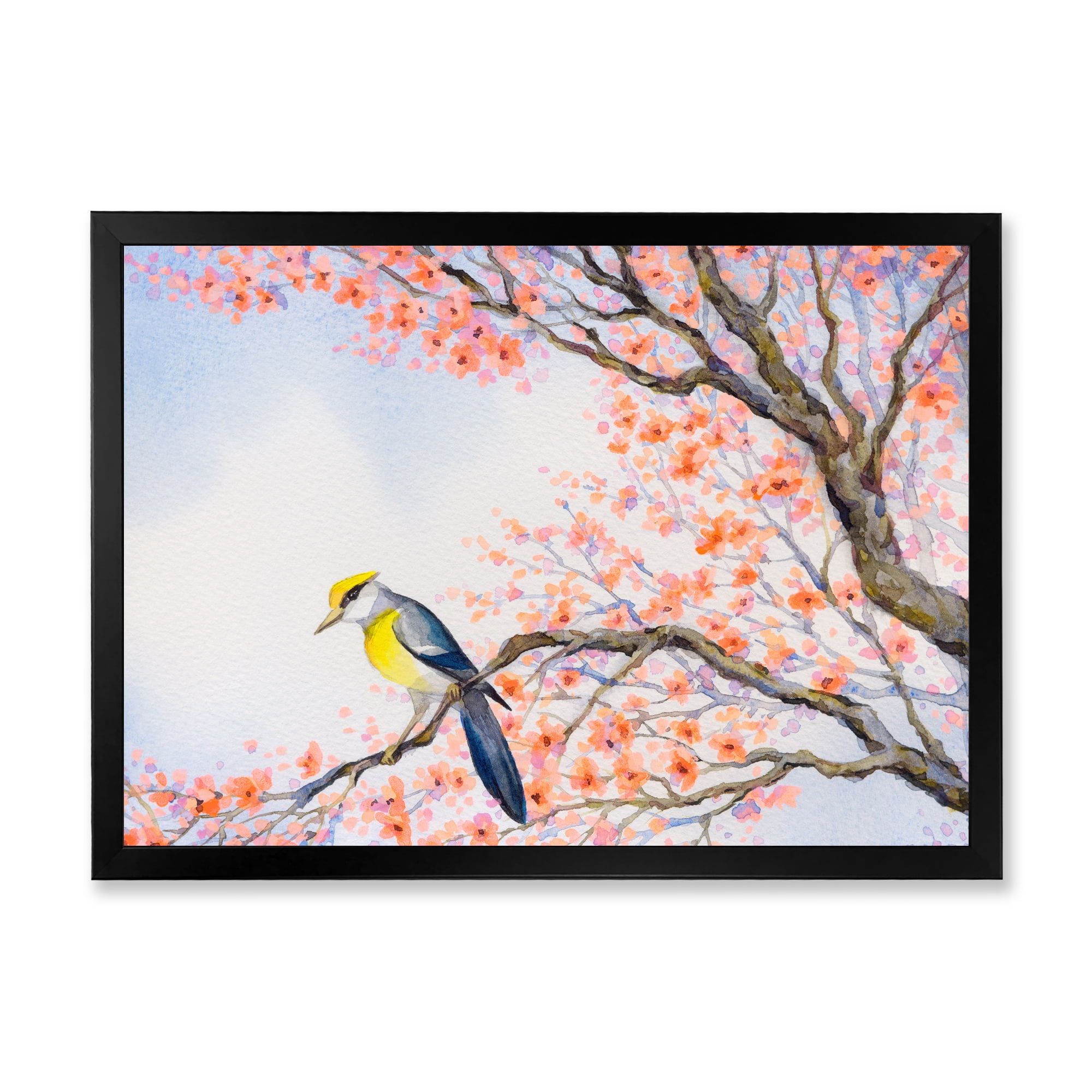 Designart 'Beautiful Blue Bird Sitting On Flowering Branch I' Traditional Framed Art Print