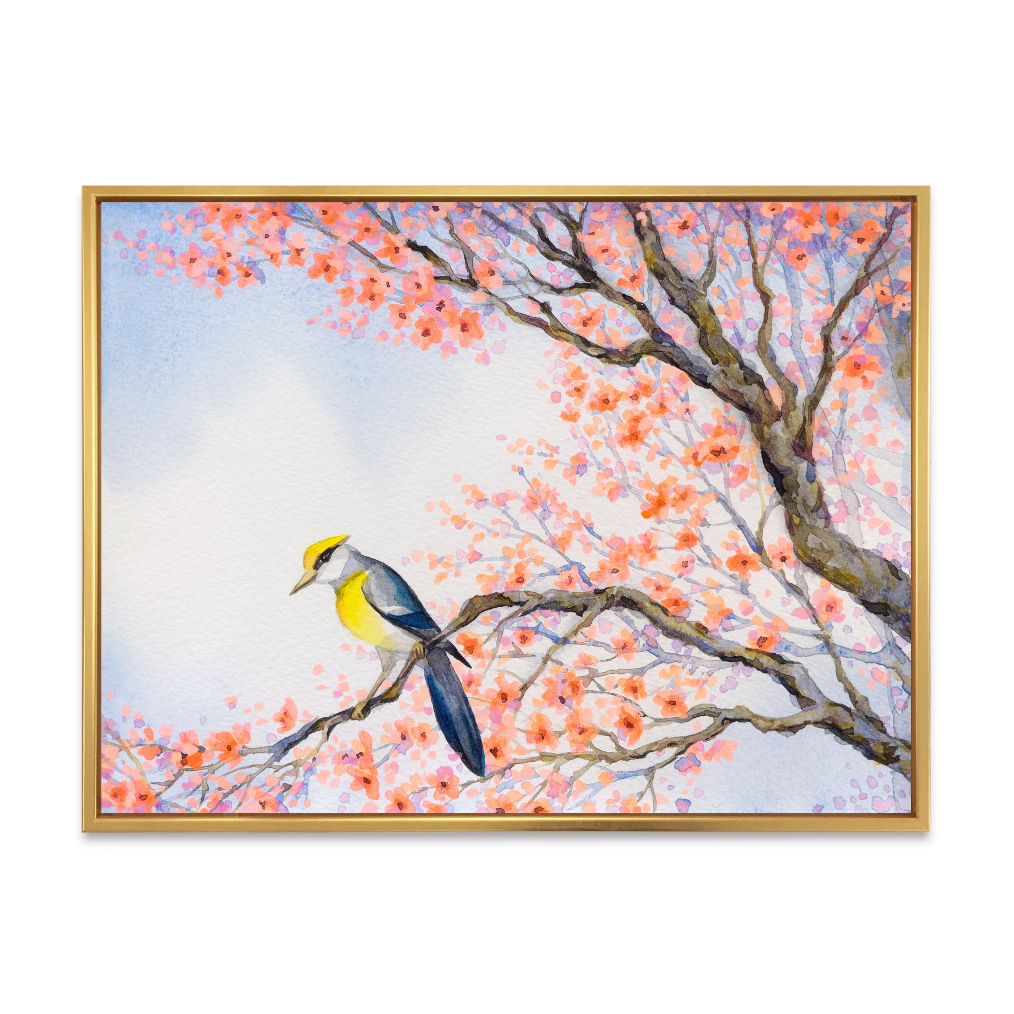 Designart 'Beautiful Blue Bird Sitting On Flowering Branch I' Traditional Framed Canvas Wall Art Print