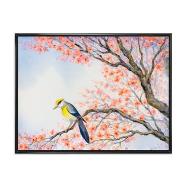 Designart 'Beautiful Blue Bird Sitting On Flowering Branch I' Traditional Framed Canvas Wall Art Print