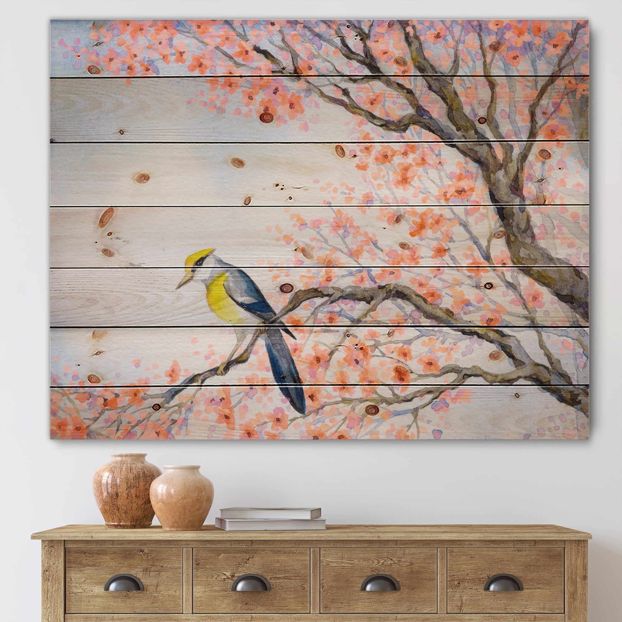 Designart 'Beautiful Blue Bird Sitting On Flowering Branch I' Traditional Print on Natural Pine Wood