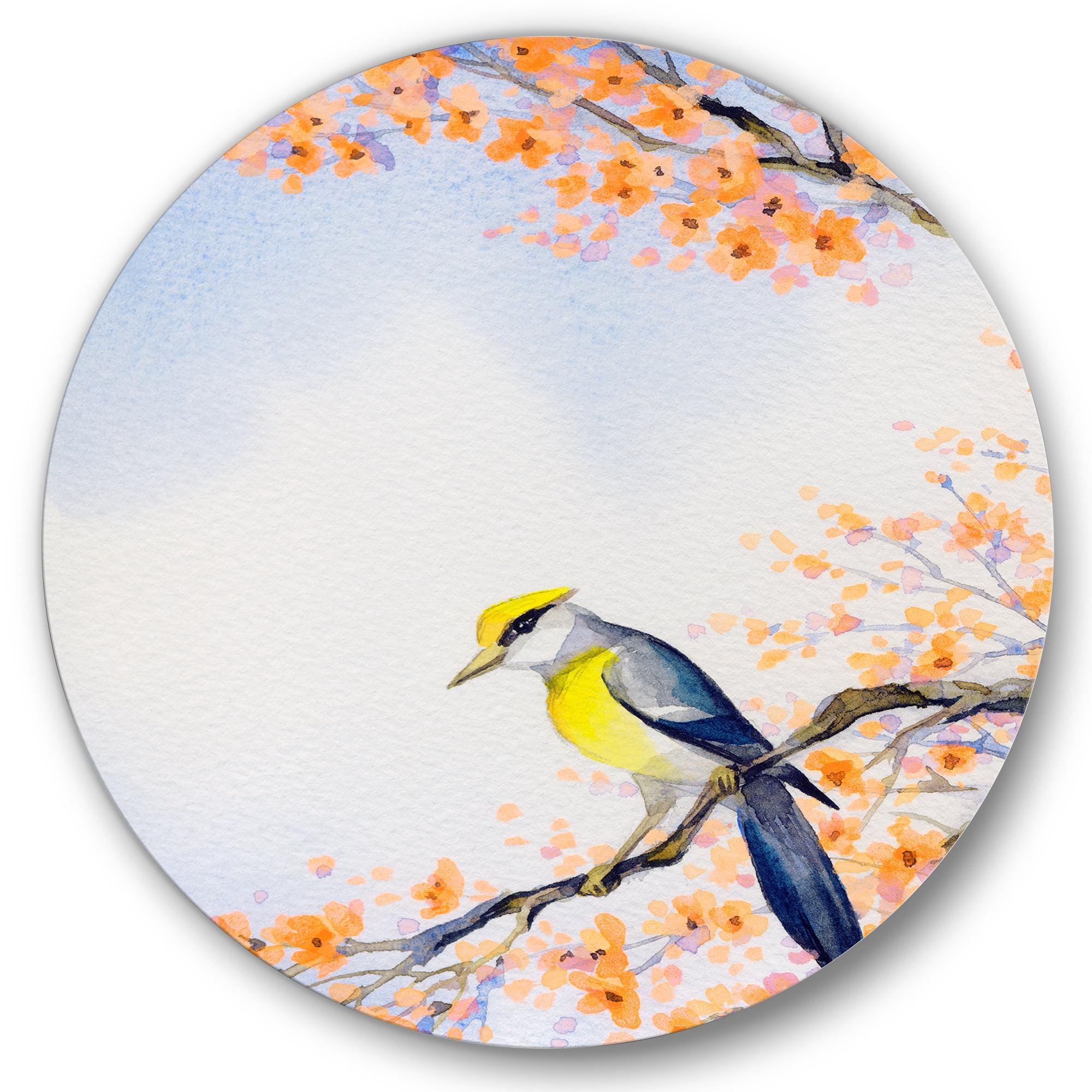 Designart 'Beautiful Blue Bird Sitting On Flowering Branch II' Traditional Circle Metal Wall Art 11x11 - Disc of 11