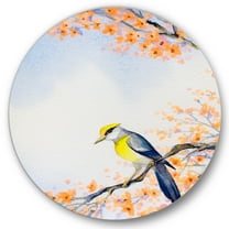 Designart 'Beautiful Blue Bird Sitting On Flowering Branch II' Traditional Circle Metal Wall Art 36x36 - Disc of 36