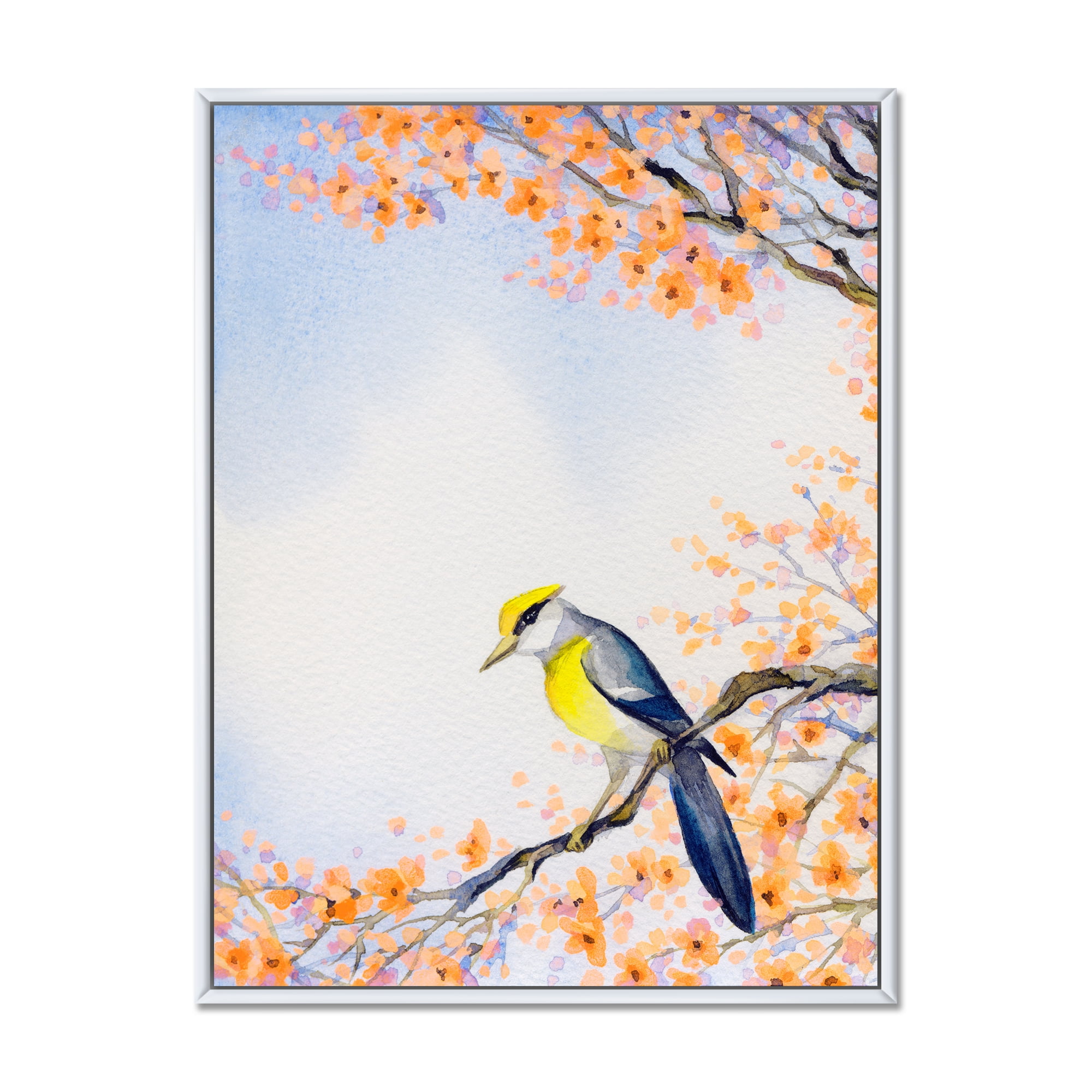Designart 'Beautiful Blue Bird Sitting On Flowering Branch II' Traditional Framed Canvas Wall Art Print