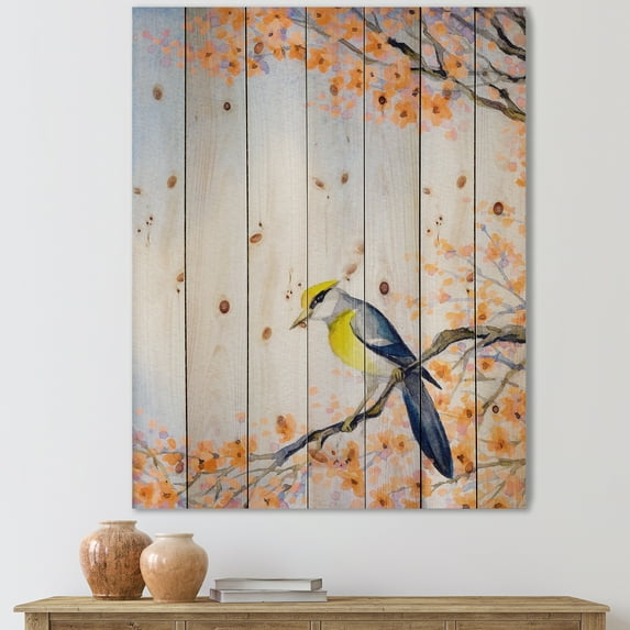 Designart 'Beautiful Blue Bird Sitting On Flowering Branch II' Traditional Print on Natural Pine Wood