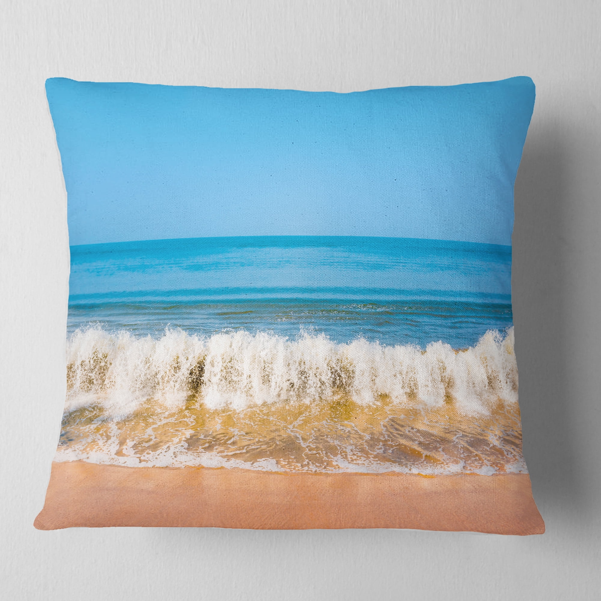 Designart Beautiful Blue Sea and Roaring Waves - Beach Photo Throw Pillow - 16x16