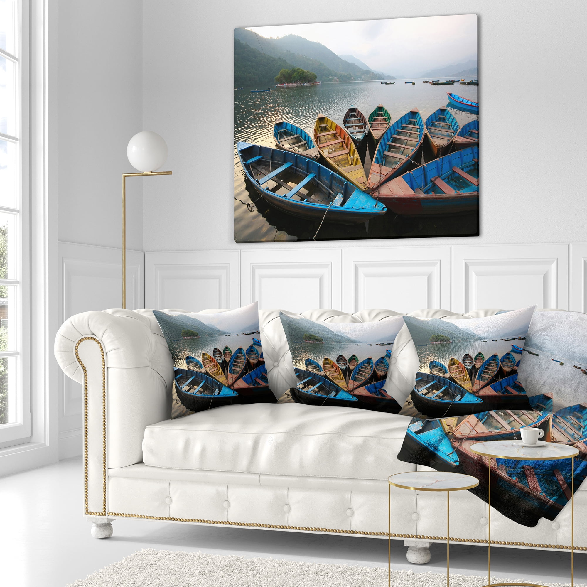 Designart Beautiful Boats in Phewa Lake - Boat Throw Pillow - 18x18