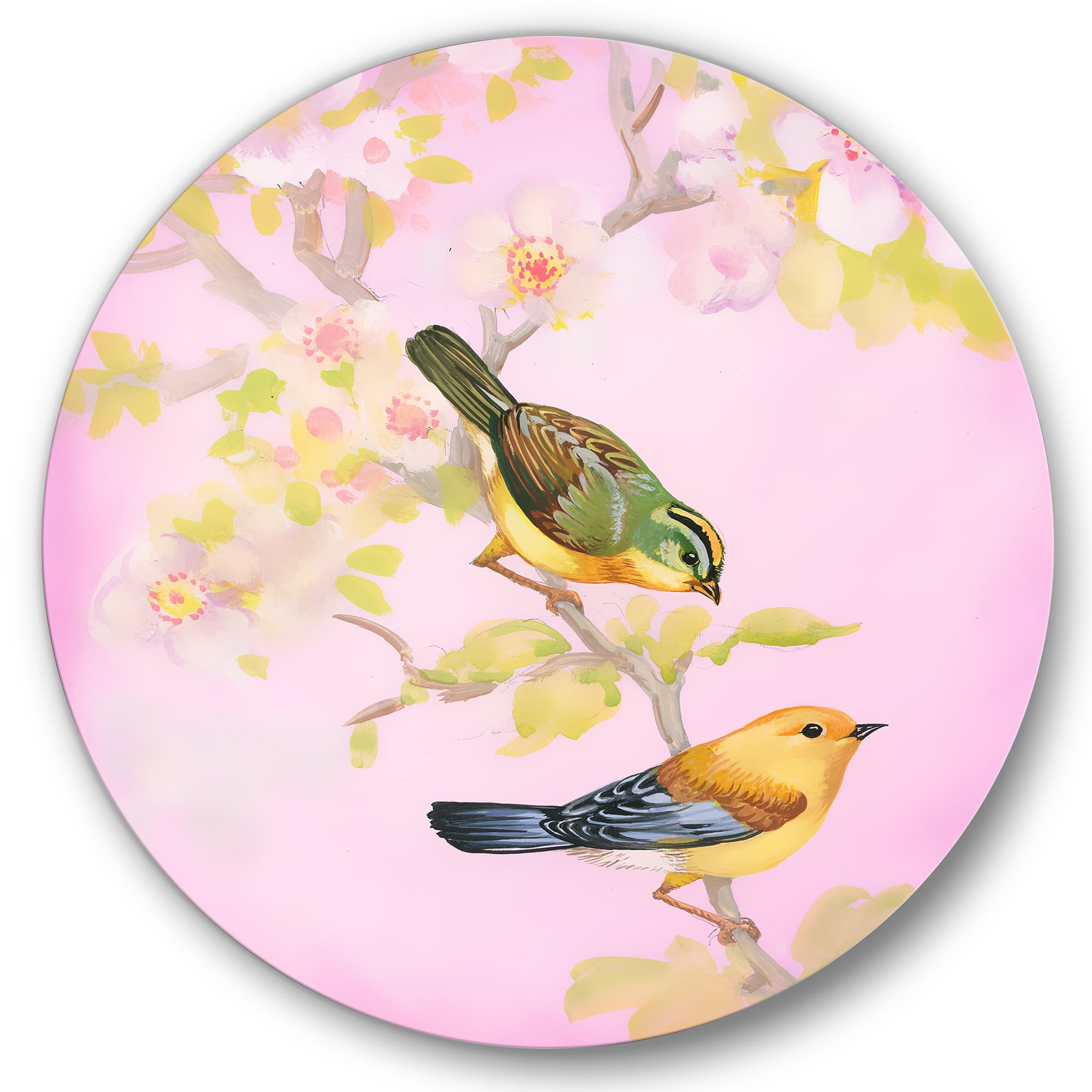 Designart 'Beautiful Bright Birds Sitting On Branch' Traditional Circle Metal Wall Art 29x29 - Disc of 29