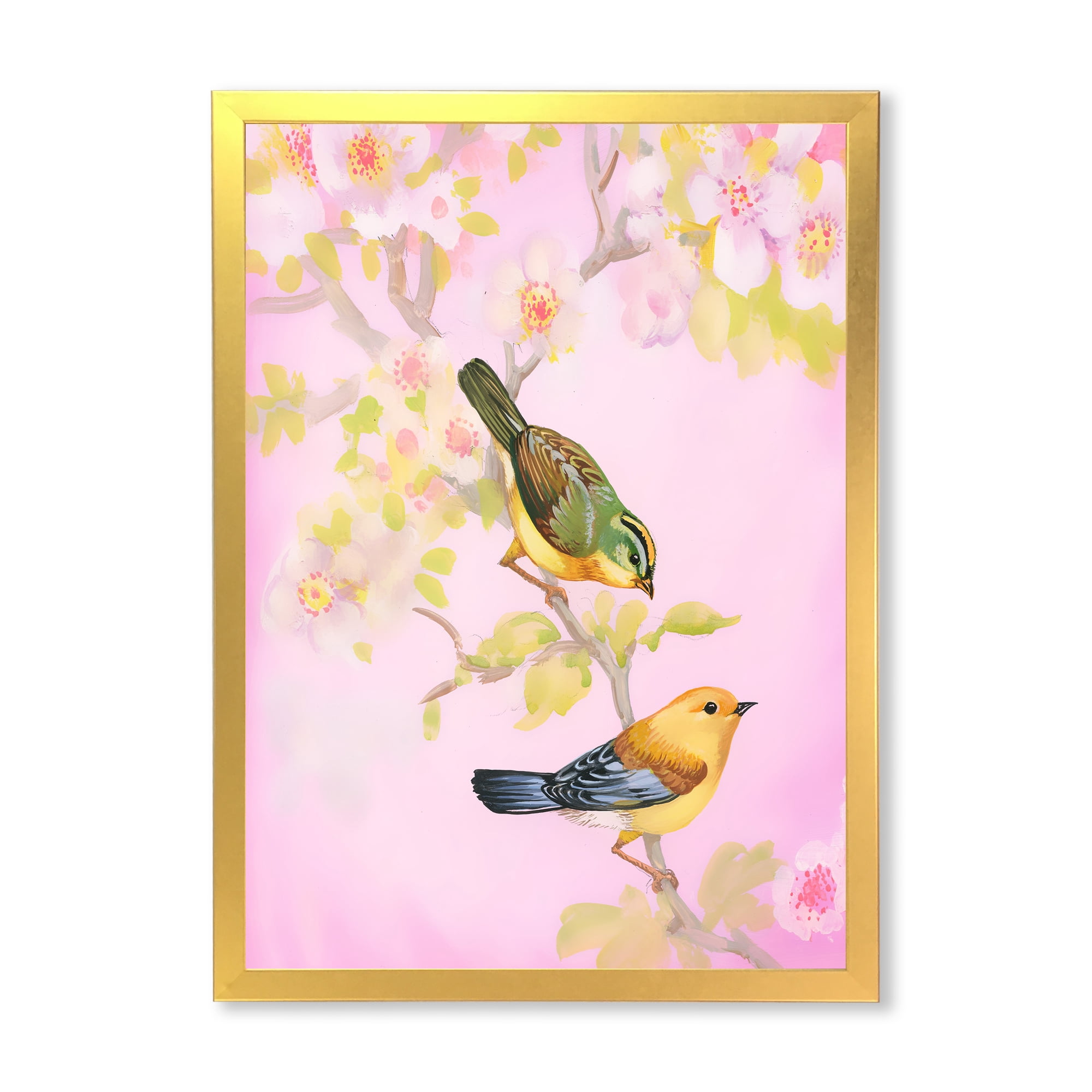 Designart 'Beautiful Bright Birds Sitting On Branch' Traditional Framed Art Print