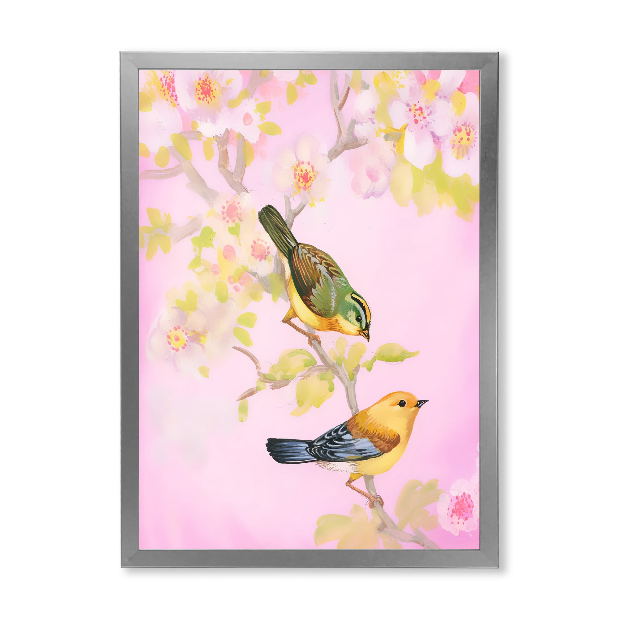 Designart 'Beautiful Bright Birds Sitting On Branch' Traditional Framed Art Print