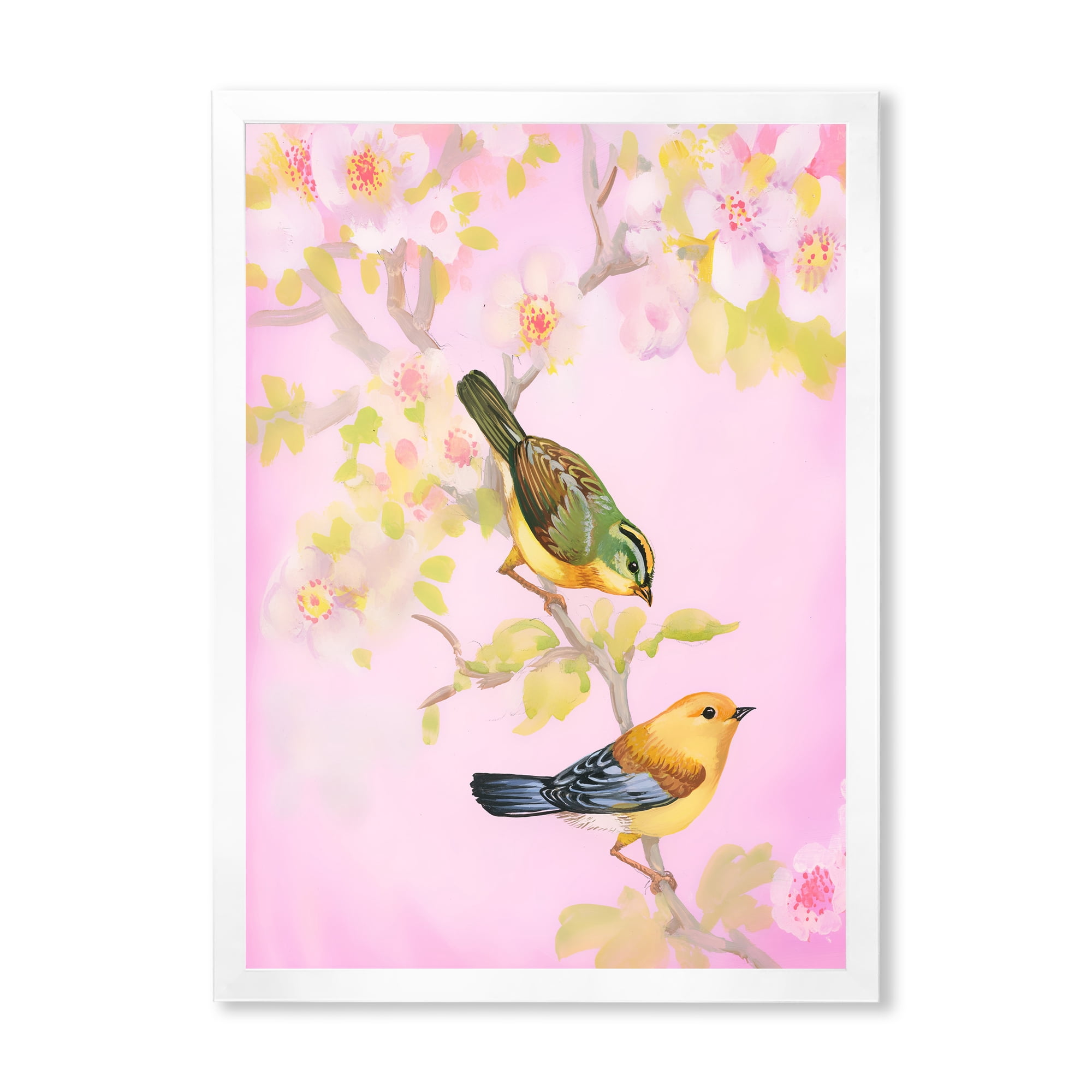 Designart 'Beautiful Bright Birds Sitting On Branch' Traditional Framed Art Print
