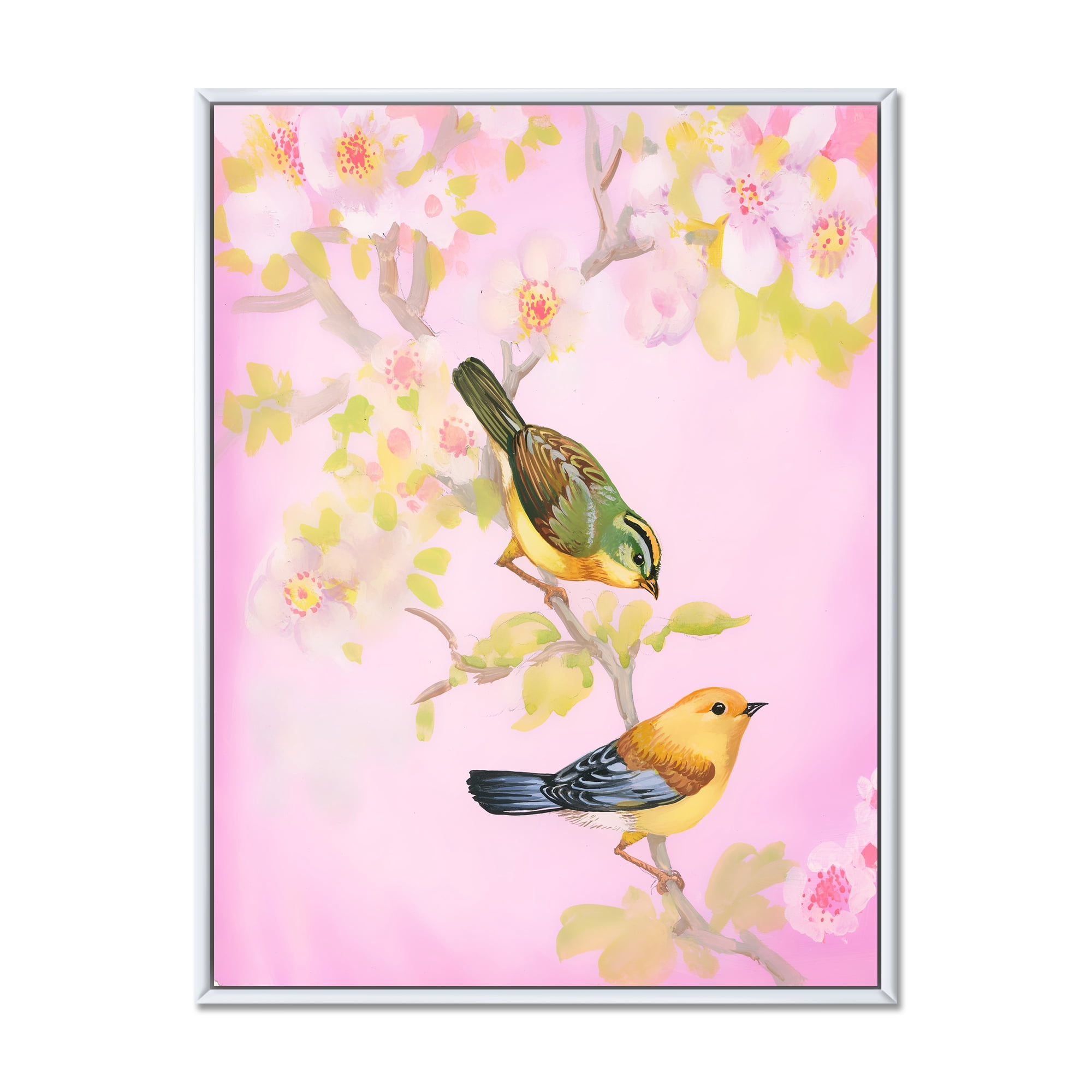 Designart 'Beautiful Bright Birds Sitting On Branch' Traditional Framed Canvas Wall Art Print