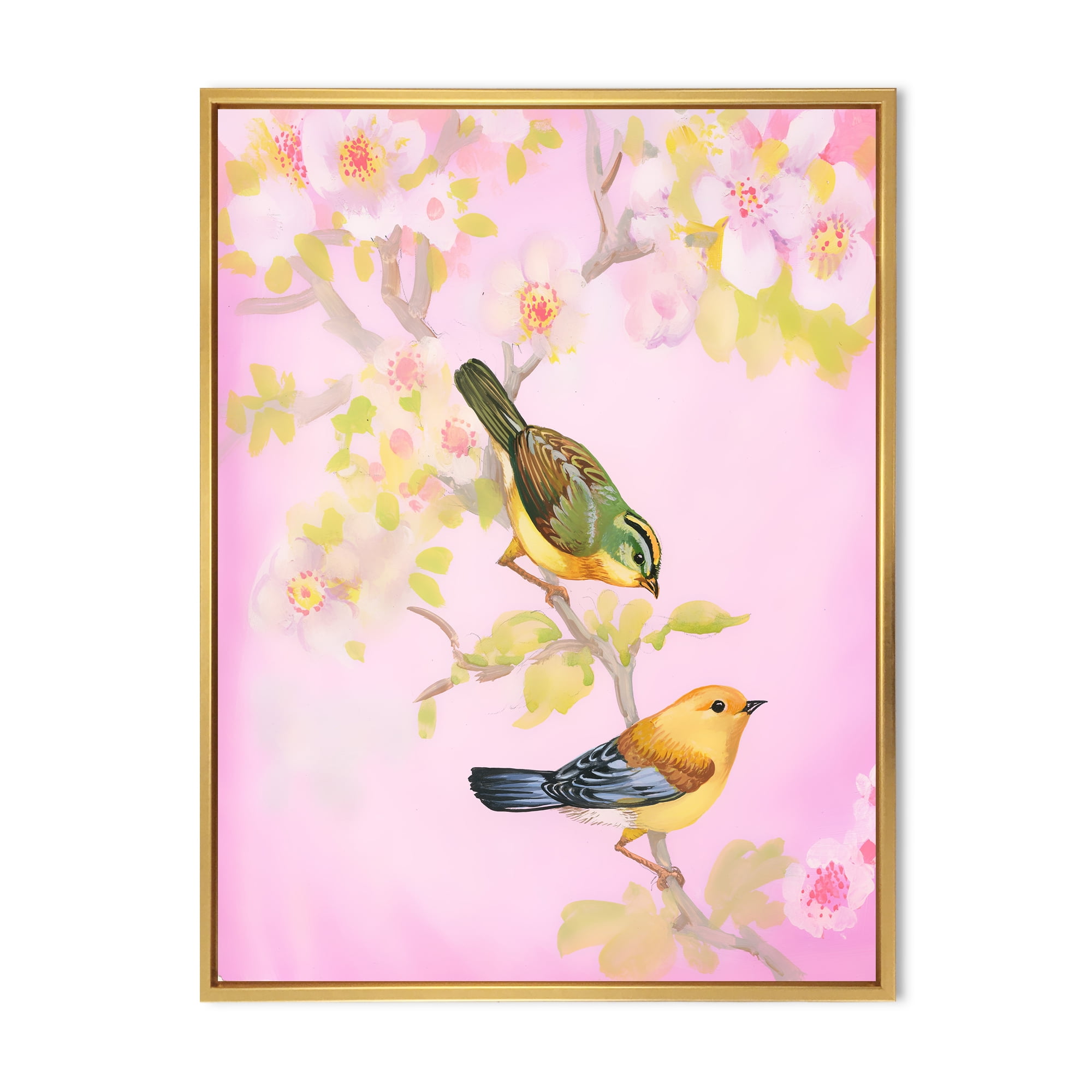Designart 'Beautiful Bright Birds Sitting On Branch' Traditional Framed Canvas Wall Art Print