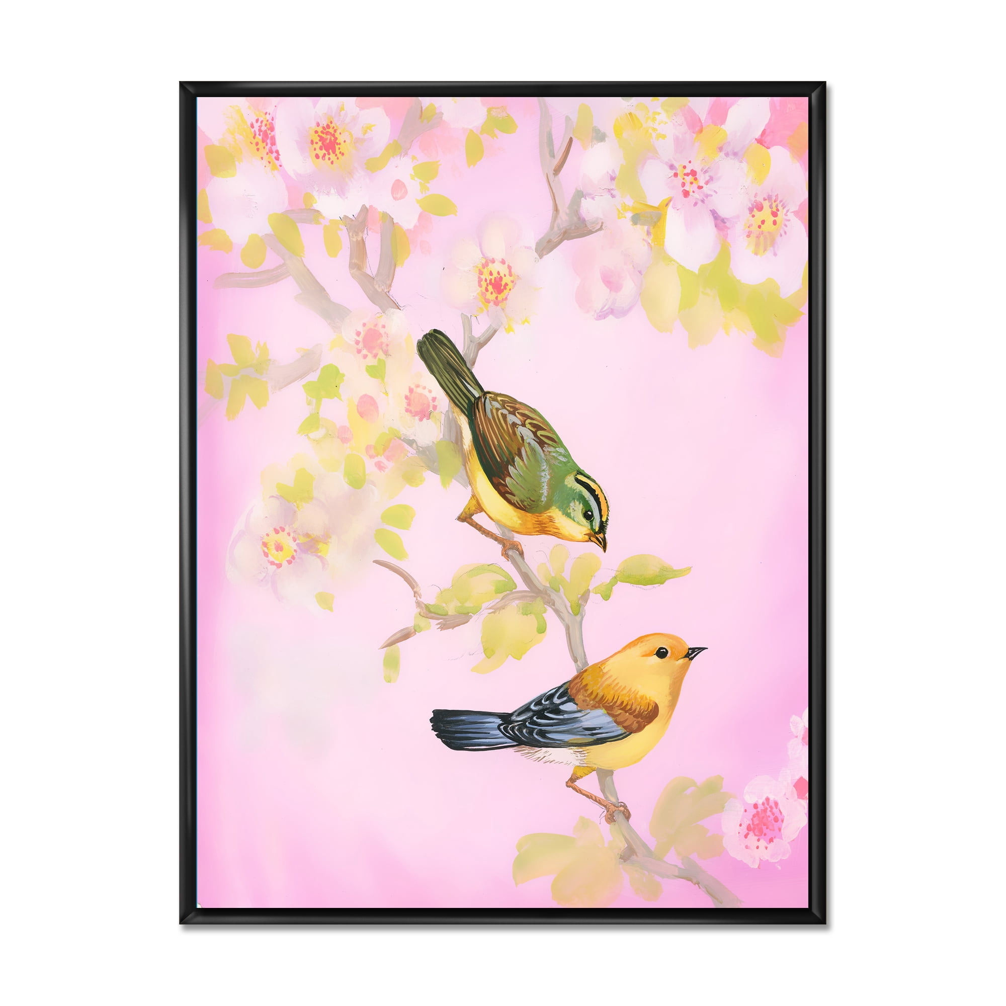 Designart 'Beautiful Bright Birds Sitting On Branch' Traditional Framed Canvas Wall Art Print