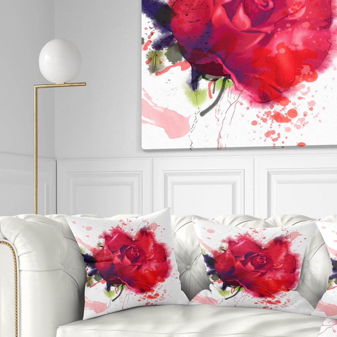 Designart Beautiful Bright Red Rose - Floral Throw Pillow - 16x16
