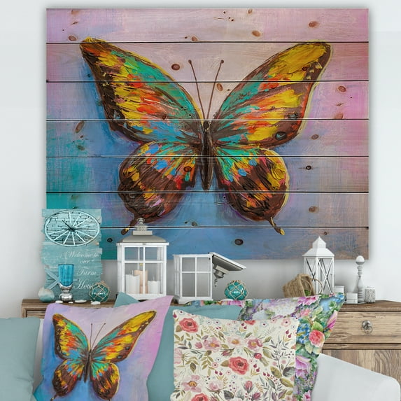 Designart 'Beautiful Butterfly In Orange and Turquoise' Modern Print on Natural Pine Wood