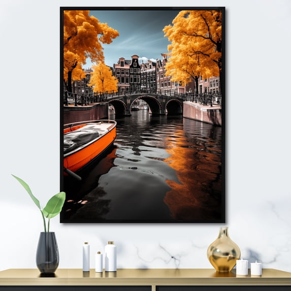 Designart "Beautiful Cityscape Amsterdam II" Cityscapes Floater Framed Wall Art Living Room