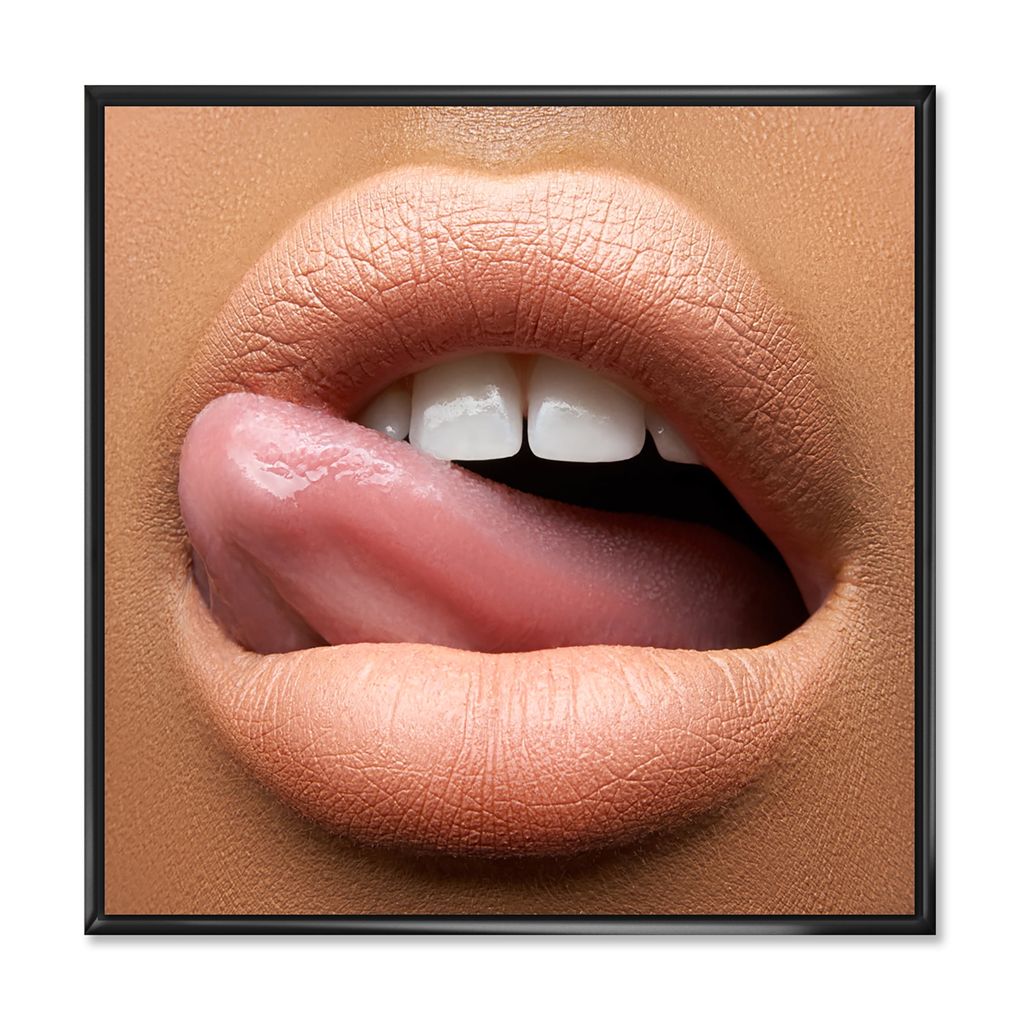 Designart 'Beautiful Dark Skinned Female Tongue Touching Lips' Modern Framed Canvas Wall Art Print