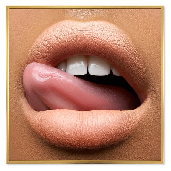 Designart 'Beautiful Dark Skinned Female Tongue Touching Lips' Modern Framed Canvas Wall Art Print
