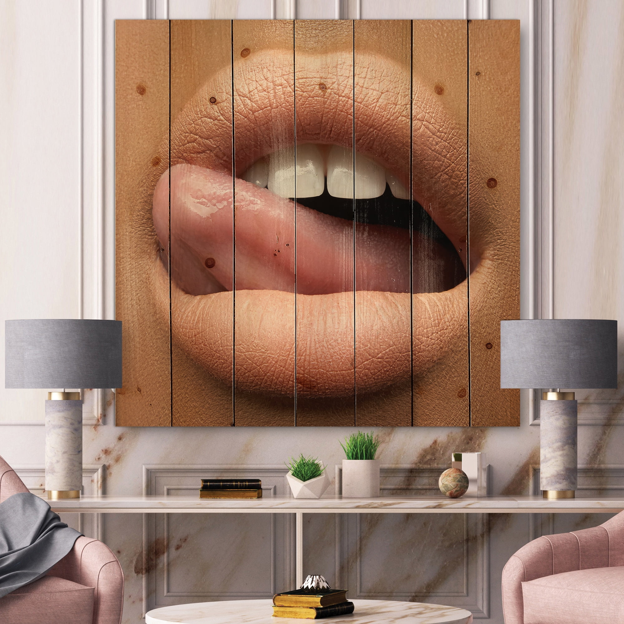 Designart 'Beautiful Dark Skinned Female Tongue Touching Lips' Modern Print on Natural Pine Wood