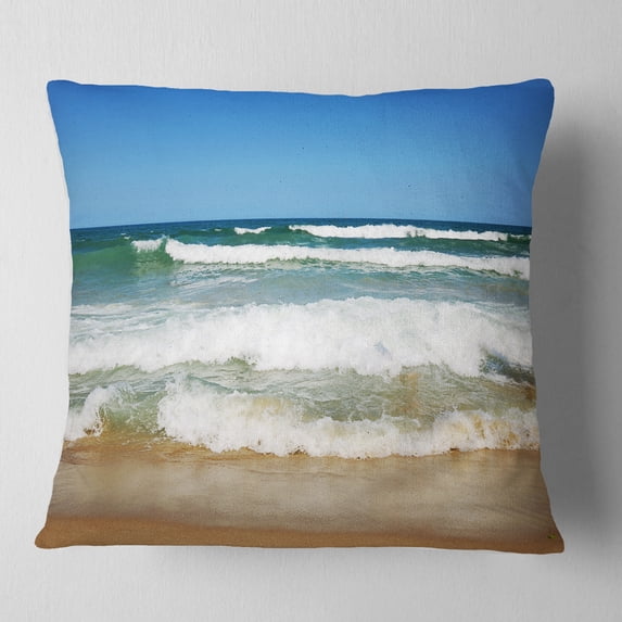 Designart Beautiful Empty Beach under Blue Sky - Seashore Throw Pillow - 16x16