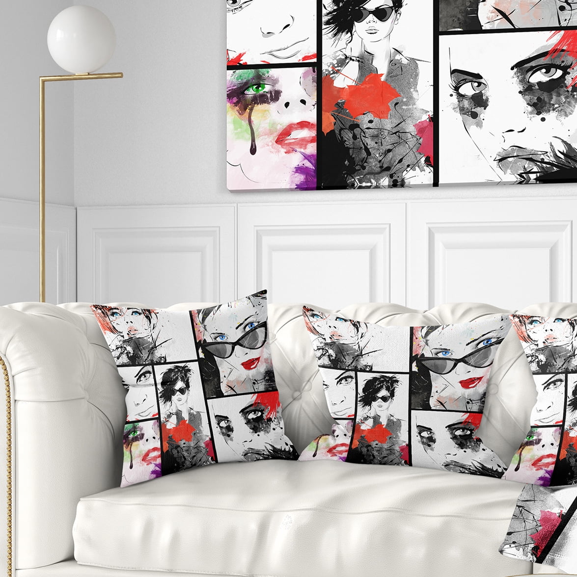 Designart Beautiful Faces Collage - Abstract Portrait Throw Pillow - 16x16