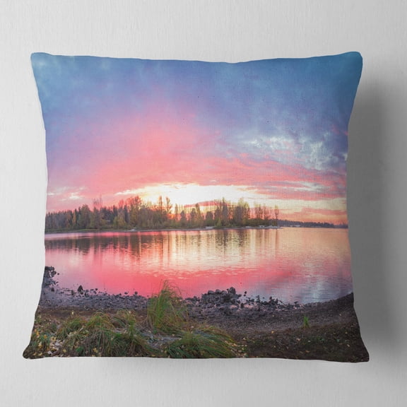Designart Beautiful Fall Sunrise Over River - Landscape Printed Throw Pillow - 18x18