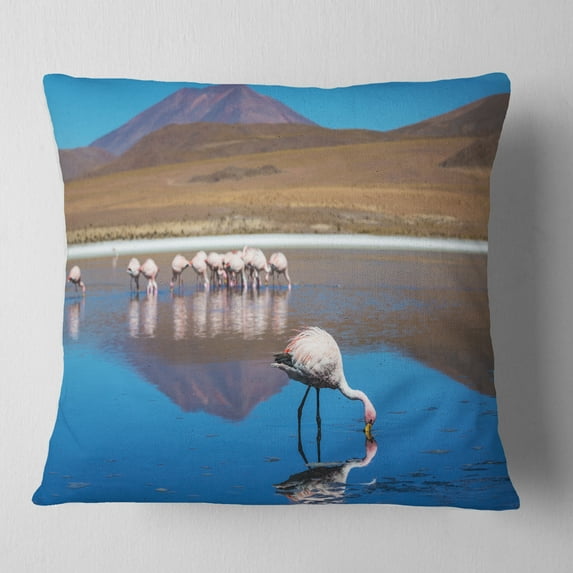 Designart Beautiful Flamingos in Bolivia - African Landscape Printed Throw Pillow - 18x18